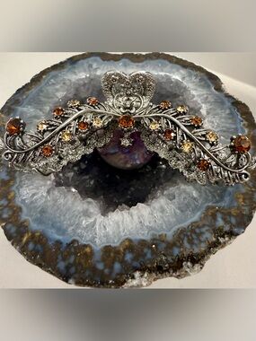 Silver Metal Hair Clip with Amber and Champagne Rhinestones